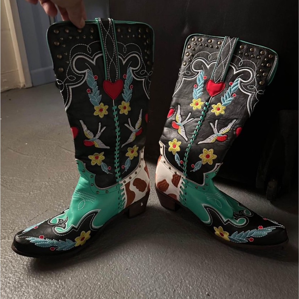 Black and teal cow print cowboy girl boots